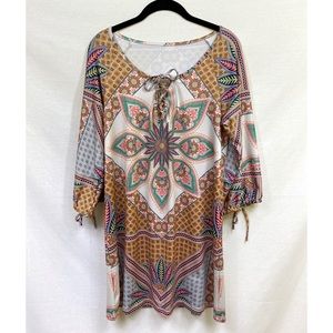 Boho Printed Lattice & Tie Detail Shift Dress
